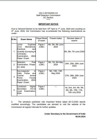 SSC New Exam Calander 2024