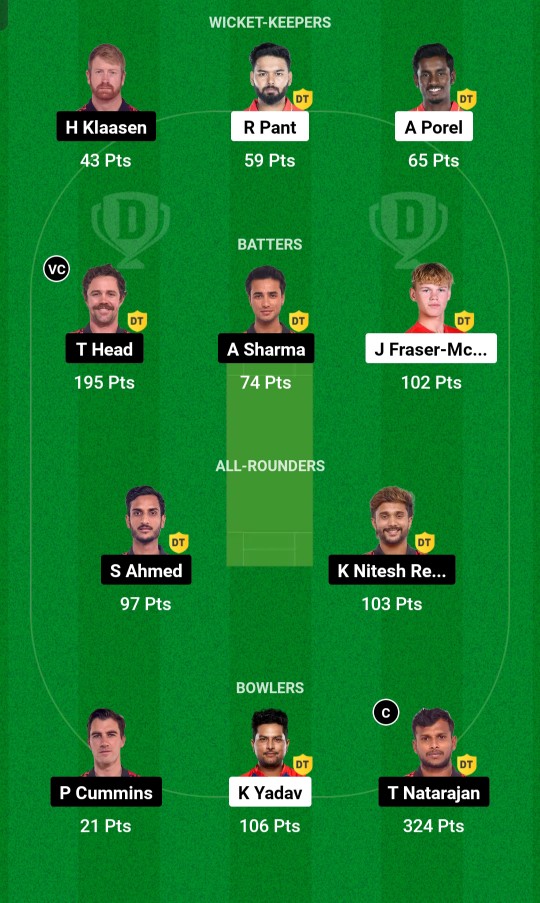 SRH VS DC Dream 11 Winner team 