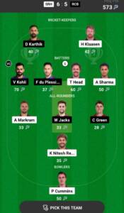 Srh vs RCB Dream 11 prediction