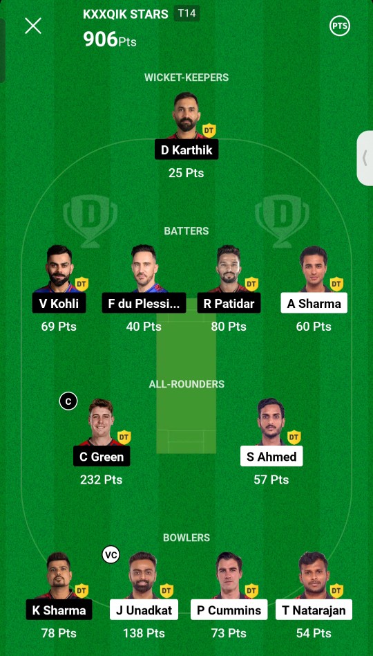 SRH Vs RCB Dream 11 Winner