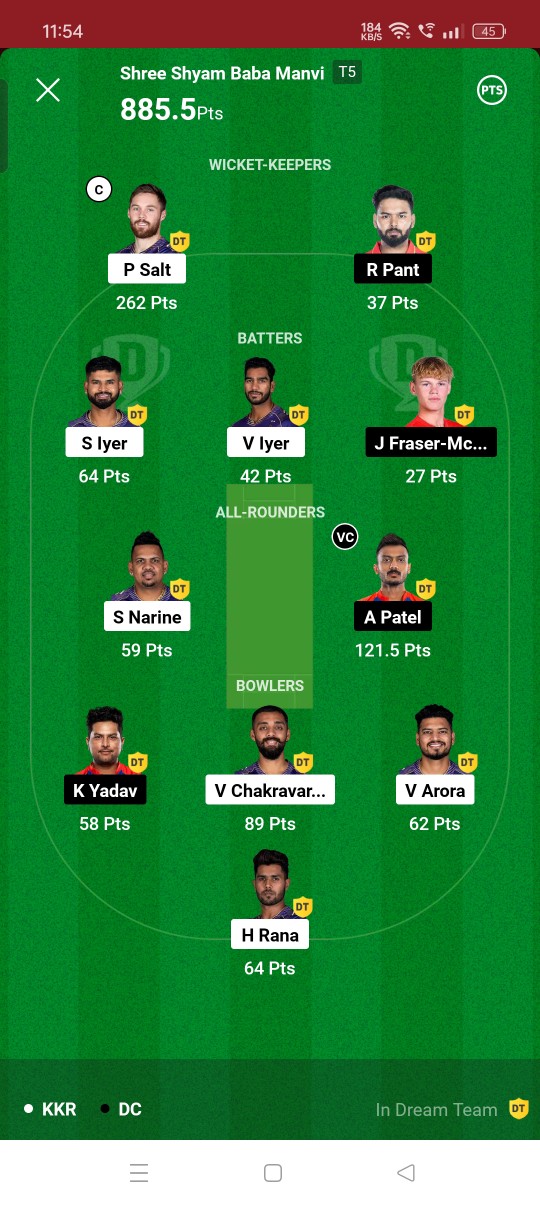 Kkr vs DC Dream 11 Winner