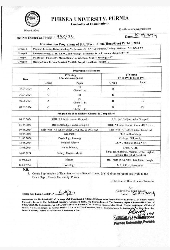 Purnea University Part 2 New Exam Date 2024