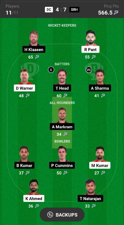 DC vs SRH Dream 11 Prediction