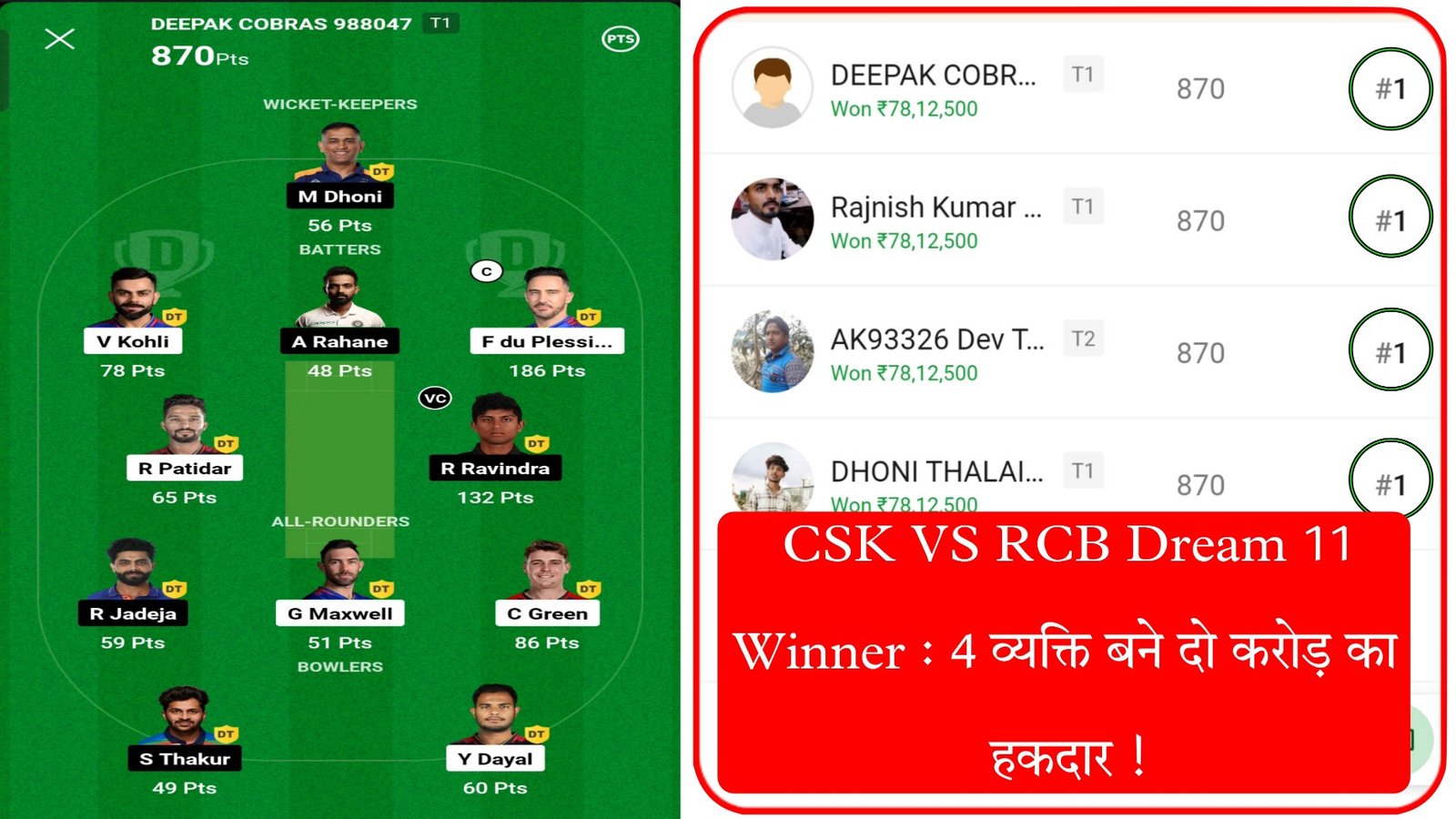 CSK VS RCB Dream 11 Winner