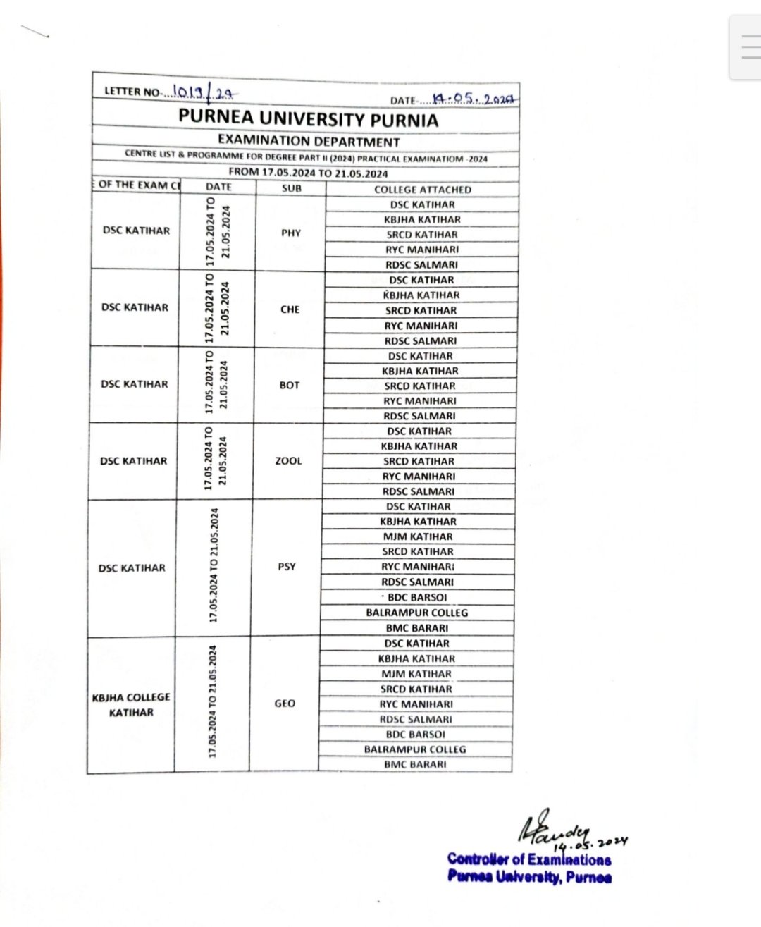 Purnea University Part 2 Practical Exam 2022-25
