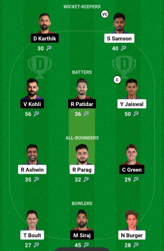 RCB VS RR dream 11 Team