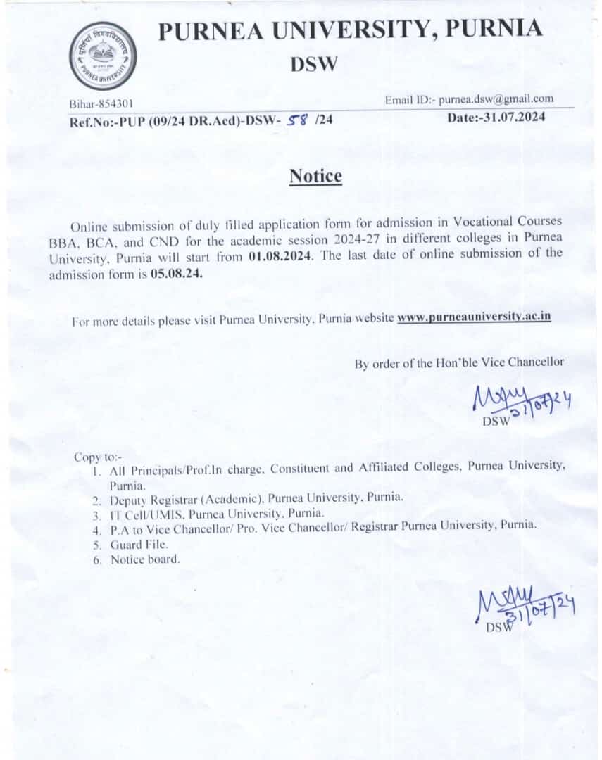 Purnea University Vocational Courses Admission 2024