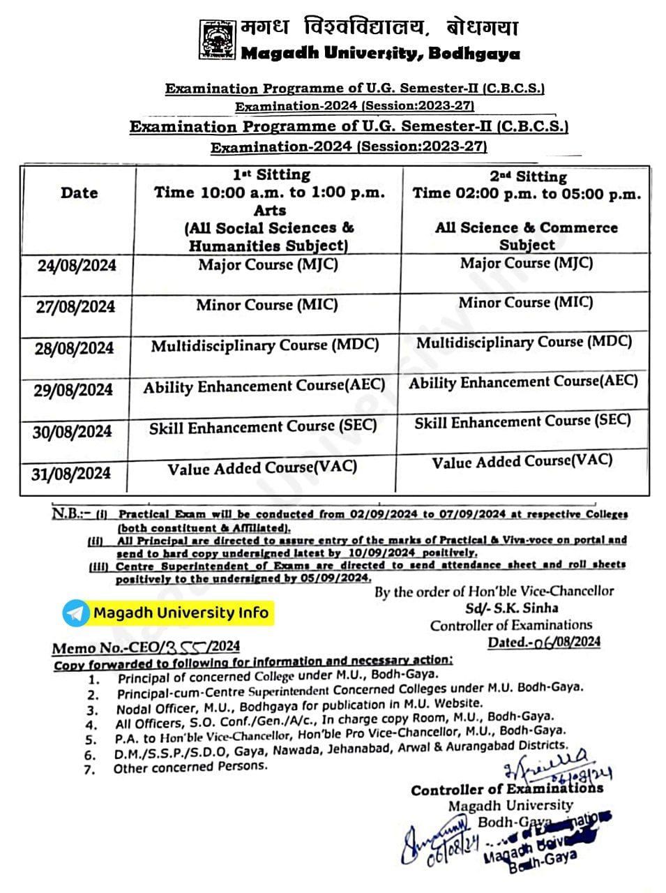 Magadh University UG 2nd Semester Exam Date 2024