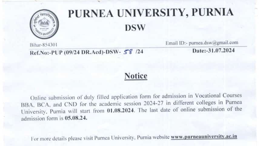 Purnea University Vocational Courses Admission 2024